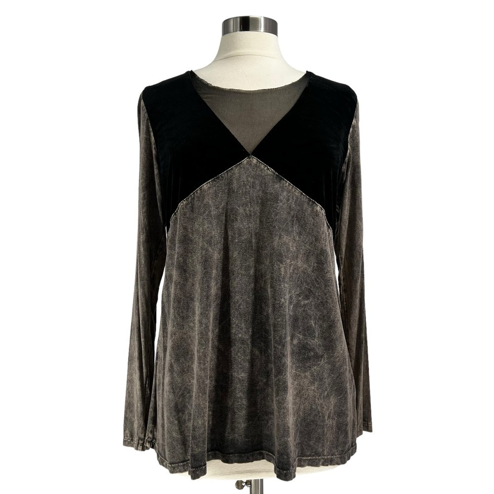 T PARTY Mixed Fabric Black & Grey V Neck Top L